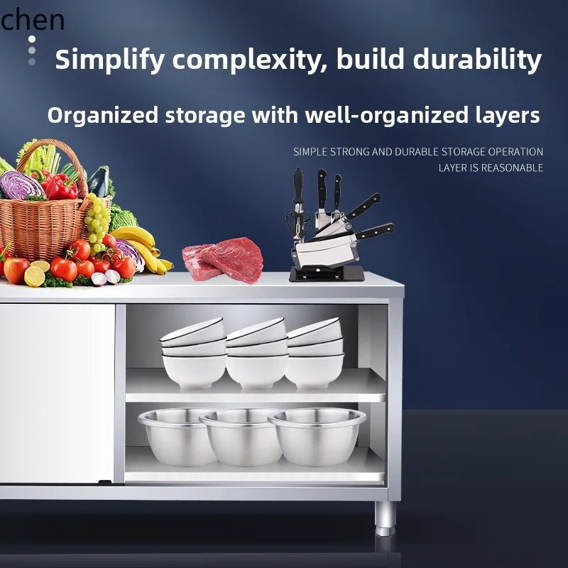CZ 304 Stainless Steel Workbench Double-Track Vegetable Cutting Tray Push-Pull Door Table Cabinet Kitchen Workbench