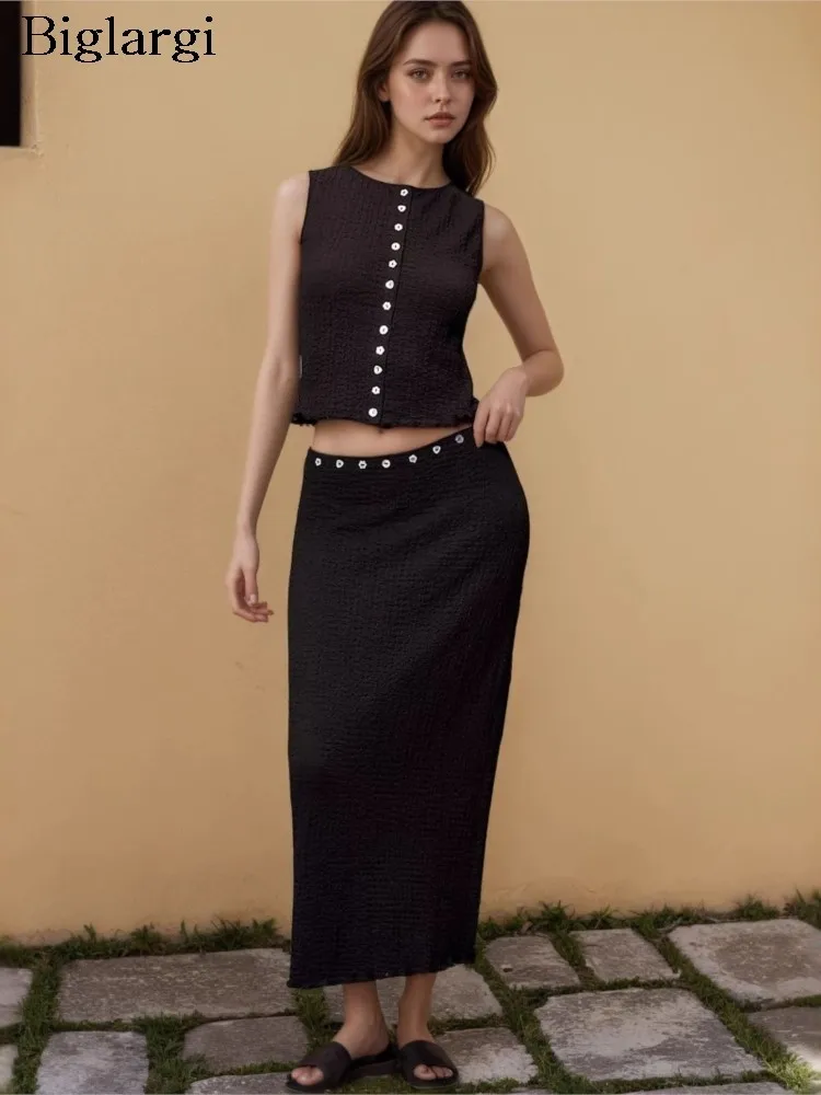 

Summer 2 Two Piece Set Women Slim Fashion Ladies Cropped Sleeveless Blouses Bodycon High Waist Woman Long Skirts