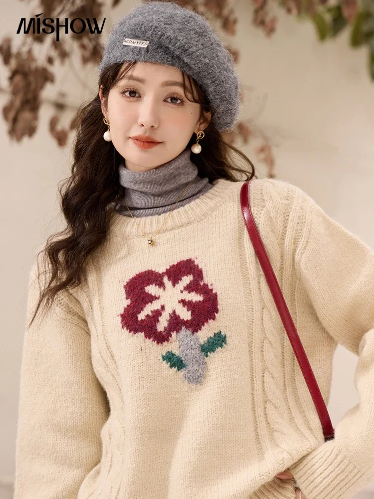 MISHOW Knitted Round Neck Graphic Sweater Women Casual Loose Retro Pullover Jumper Woman Soft High Quality Top Female MXC59Z0489