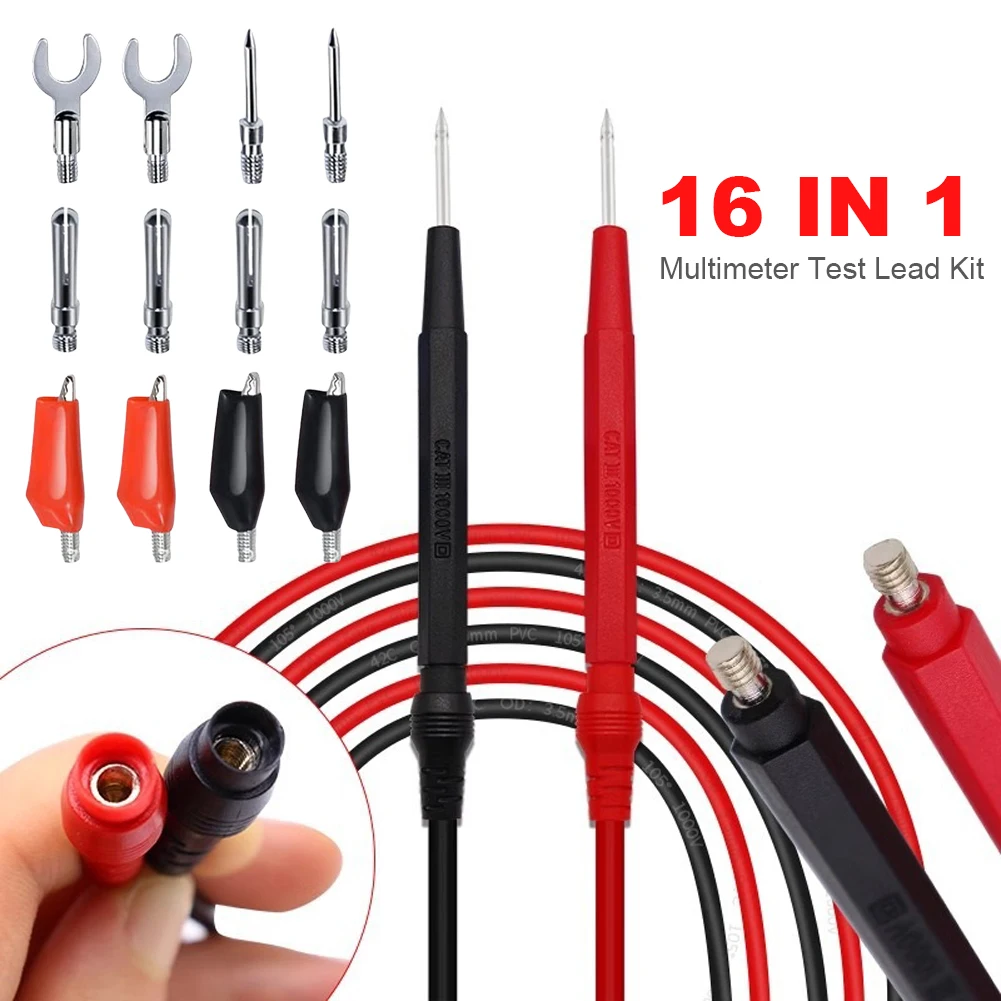 

16 in 1 Test Hook Test Probes Lead Kit 1000V 10A CAT III Digital Multimeter Needle Tip Multimeter Test Lead Probe Wire Pen Cable