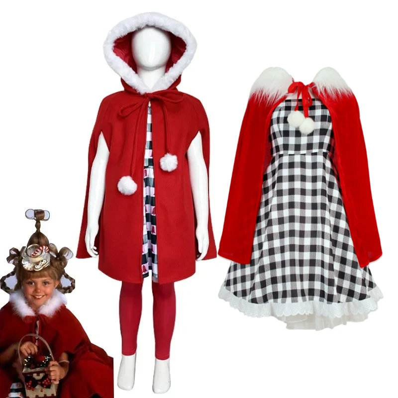 

Christmas Cindy Cosplay Costume Children Girls Stole Christmas Disguise Dress Coat Kids Winter Cloak Halloween Carnival Party