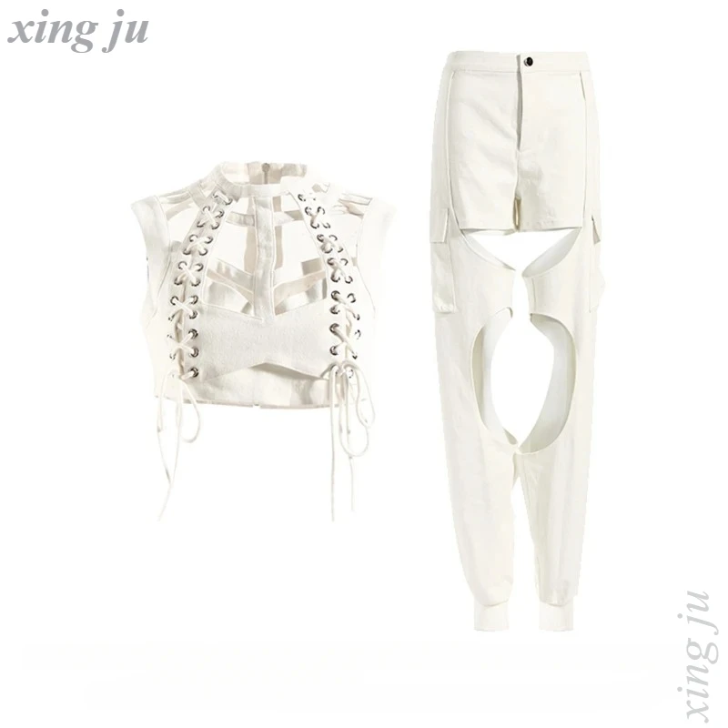 

New Kpop Korean Singer Sexy White Hollow Out Halter Vest Crop Tops Loose Straight Jeans Hip Hop Jazz Dance Costume DJ Stage Wear