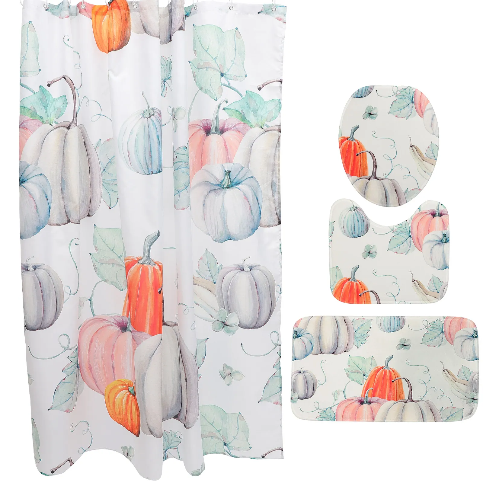 

4pcs Waterproof Shower Curtain Pumpkin Pattern Thanksgiving Bath Curtains Bathroom Accessories Non Slip Mats Home Decor Gifts