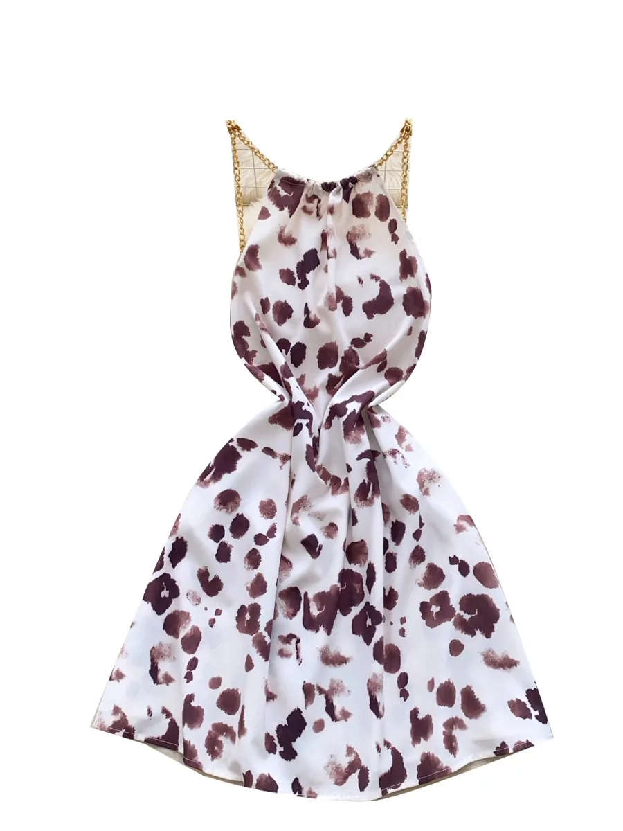 Foamlina deusa estilo chique corrente pesada halter a linha vestido feminino verão cintura cinched fino ajuste elegante impressão mini vestido saia