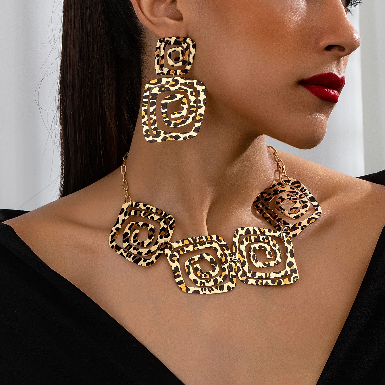 Geometric Circles Leopard Earrings Necklace Set Simple Fashion Jewelry Accessories Hot Sale Party Gift 2024 New Style