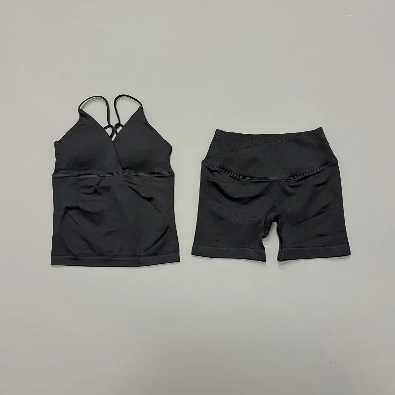 HISTELLO Vision Sportsets für Damen Nahtloses Twist-Front Longline-Top Bauchkontrolle Cross-Shorts Anzug Biker Gym Workout-Set – Detail 10
