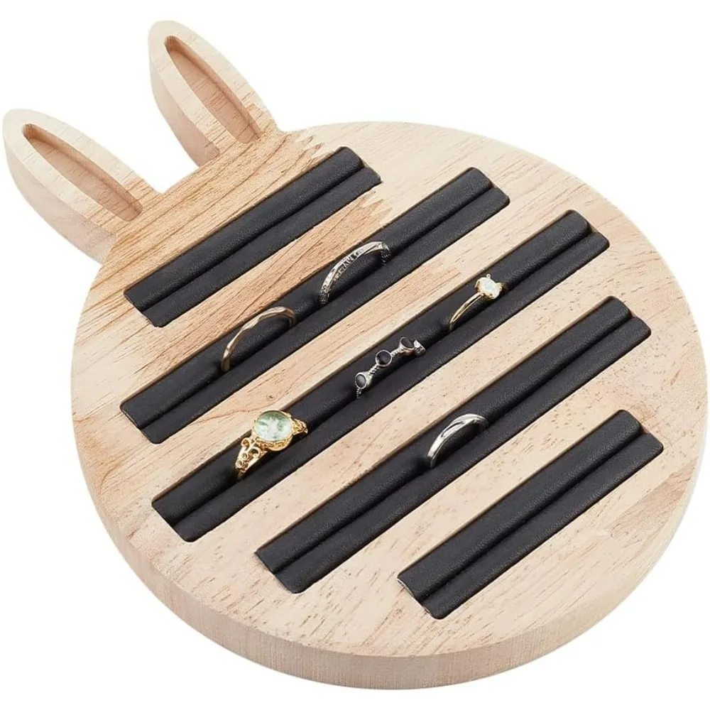 Navajo Bamboo Ring Display Tray Wooden Jewelry Display Tray with 5 Black PU Imitation Leather Grooves 5 Slots Ring Earrings