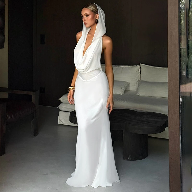 

Typhaland Sexy Chiffon Hooded Slim Long Dress Women Swing Collar Backless Streetwear Evening Party Dress 2026 New Female Elegant