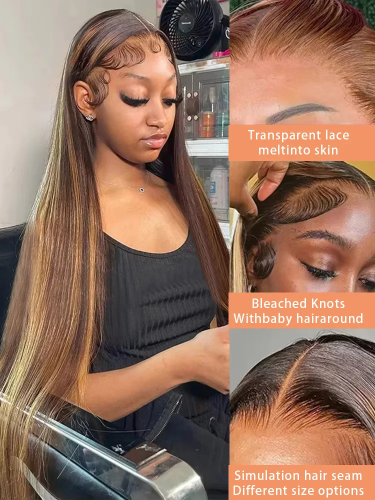 30 Inch 4/27 Highlight Ombre Brown 13x4 HD Lace Front Human Hair Wig High Density Bone Straight 13x6 Colored Lace Frontal Wig