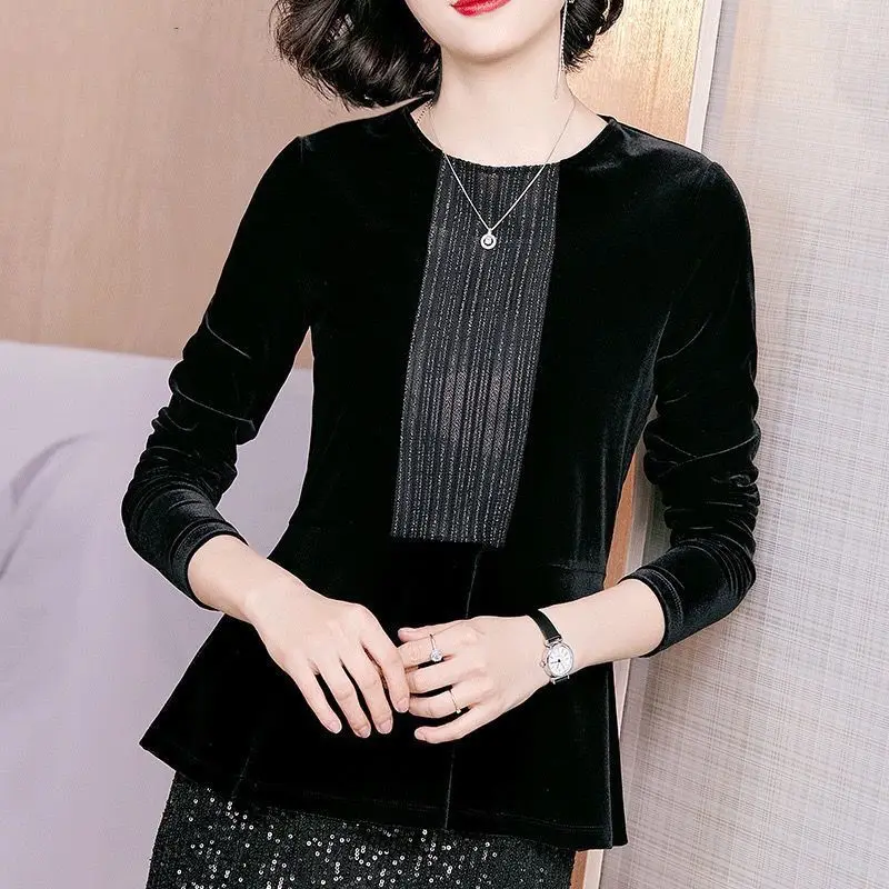 Vintage Waist Spliced Velvet Blouse Autumn Winter Casual O-Neck Female Clothing All-match Solid Color Fashion Bright Silk Shirt