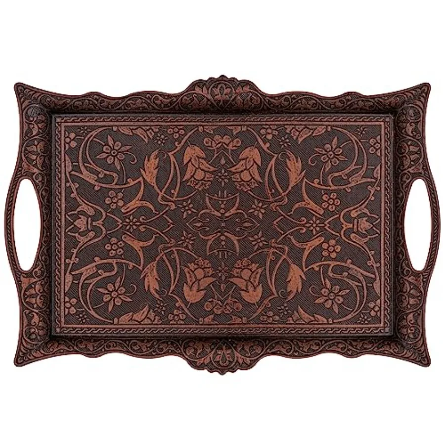 

Турецкий сервировочный поднос из цинкового сплава с традиционными узорами, идеально подходит для кофе и чая - поднос на шесть персон, 14,5 x 9,85 дюймов (медь)