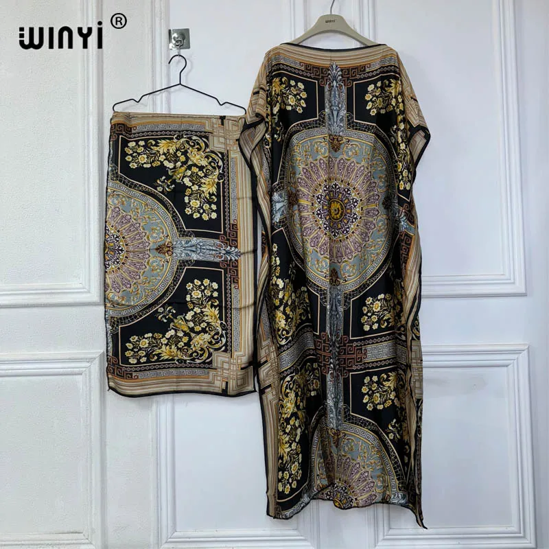 WINYI 2024 New African Women Dashiki boho print muslim woman dubai Free Size Design With Scarf Maxi Loose African Elegant Dress