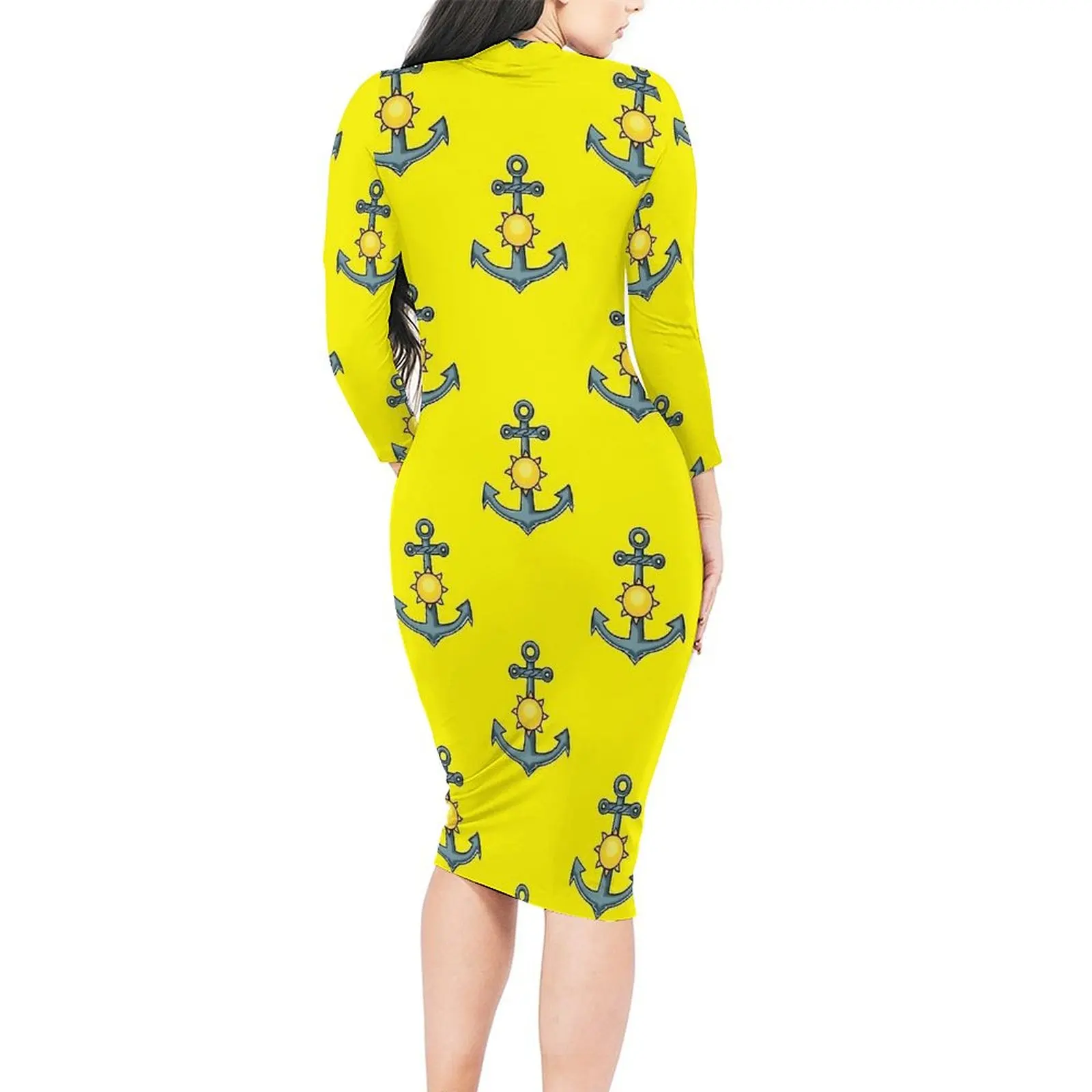 Anchor Yellow Pattern Dress Women  Street Fashion Bodycon Dress Autumn Long Sleeve Cute Dresses Custom Oversized Vestido