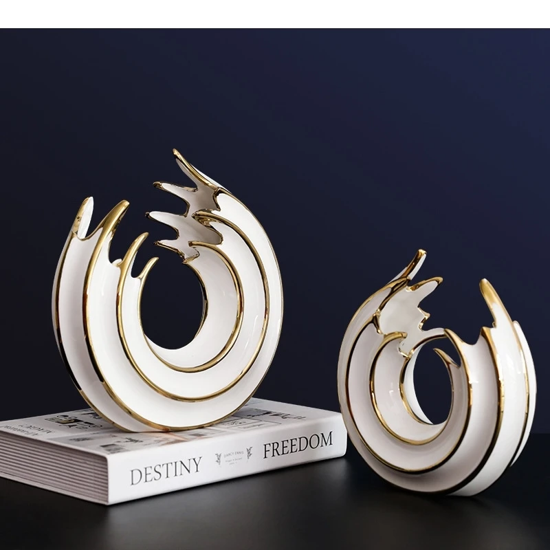 Vase rond en céramique or blanc de luxe moderne, Arrangement floral de bureau, ameublement irrégulier de bureau et de chambre à coucher, décoration de la maison