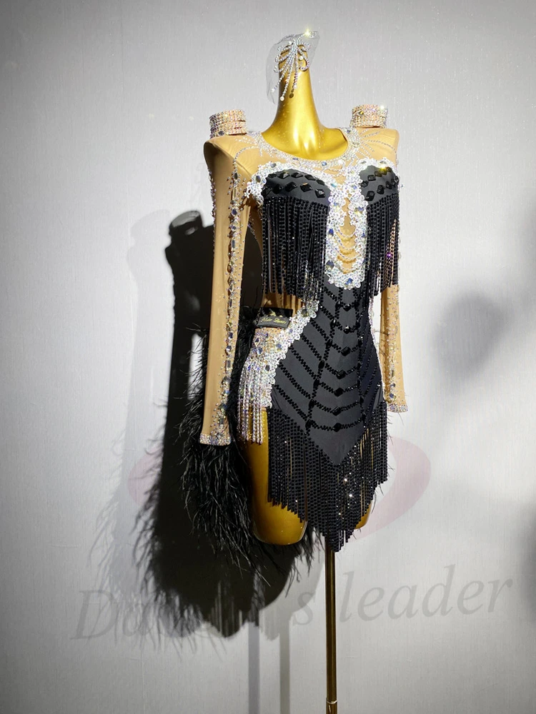 Vestido de actuación de Samba de piscina negra con plumas de empalme de malla personalizado de alta gama para niños y adultos de piedra AB para baile latino