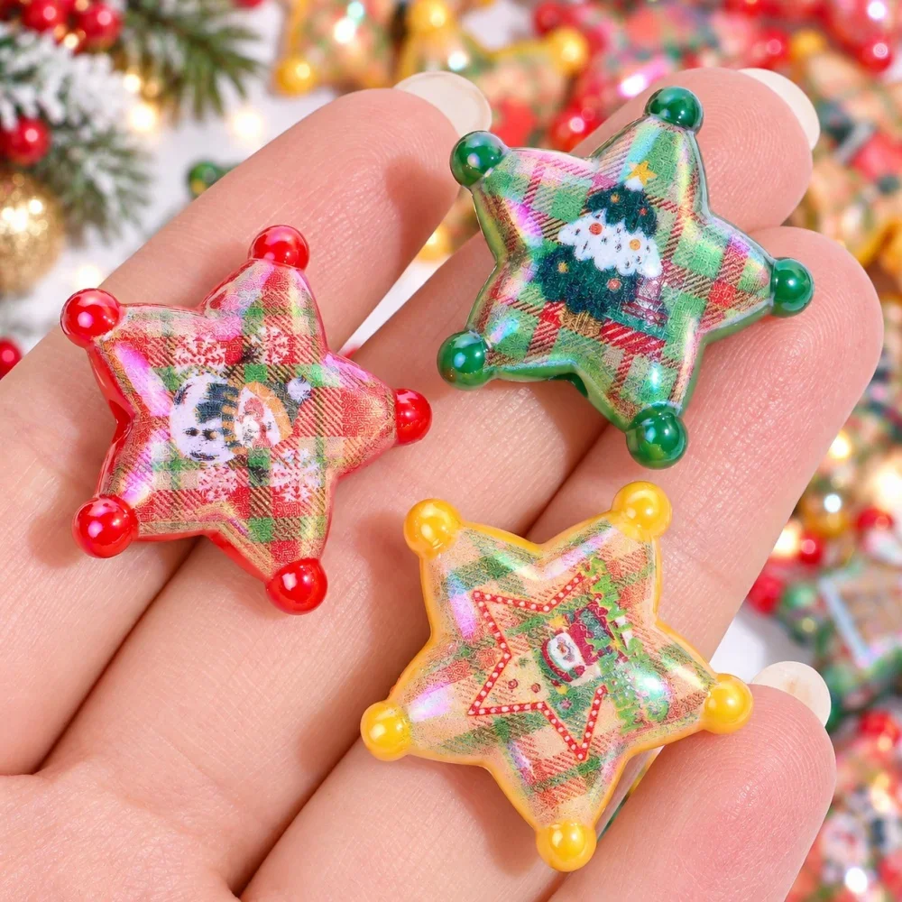 iYOE 5/10pcs 25x26mm Christmas Acrylic Star Beads Checkered Santa Snowman Tree Print for DIY Jewelry Making Bracelet Accessories