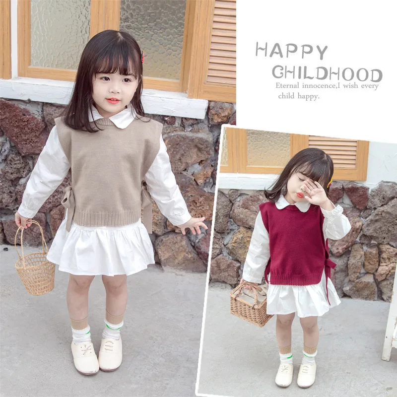 Autumn Baby Vest  gril\'s  Korean  round Neck  Knitted Wool Thin Children\'s Pullover toddler girl clothes