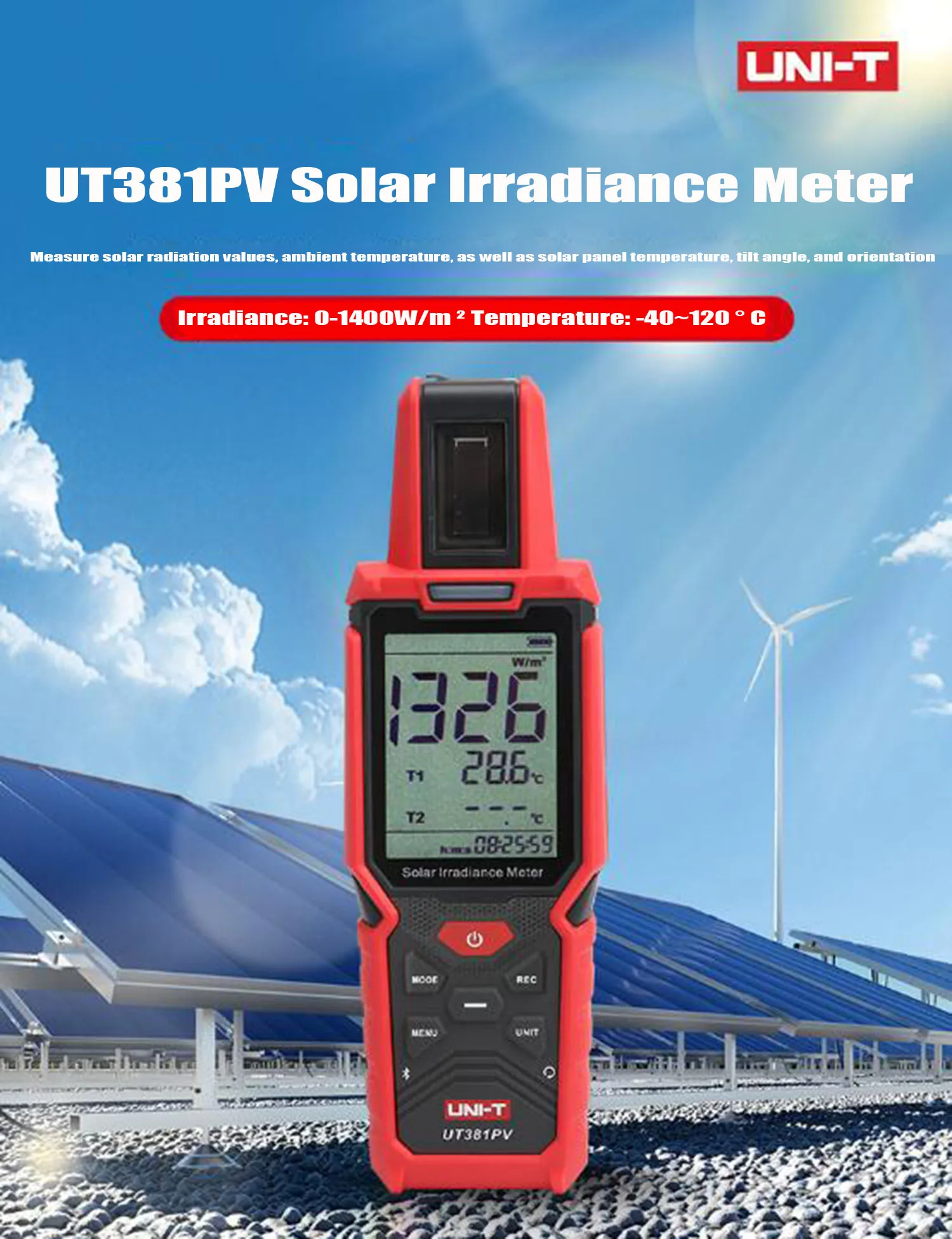 UNI-T UT381PV Irradiance Meter Inclination and Azimuth Measurement Temperature Tester with Bluetooth APP IP65 Data Storage