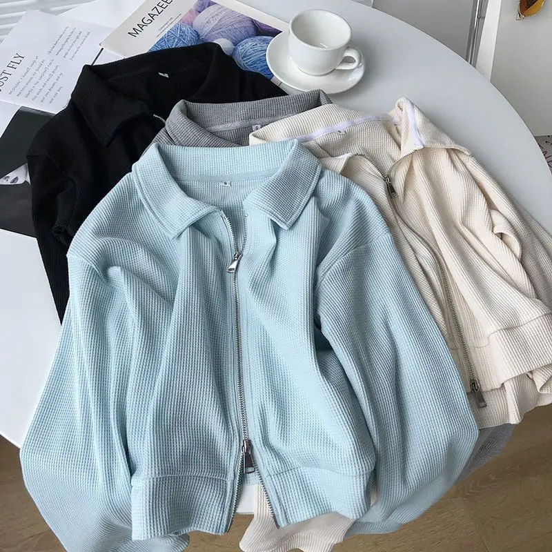 Short Double Zipper Loose Women's Jacket Korean Style Cotton Waffle Design Casual Cardigan Trendy Top Polyester Fiber