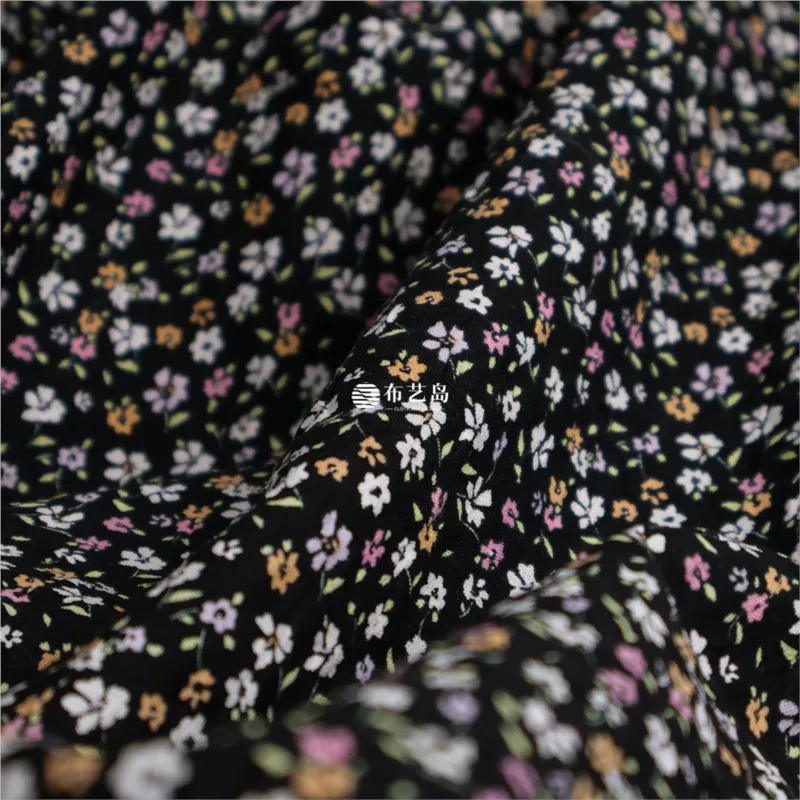 Spring Garden black base small floral cotton linen printed fabric shirt suitable for making clothes and skirts handmade