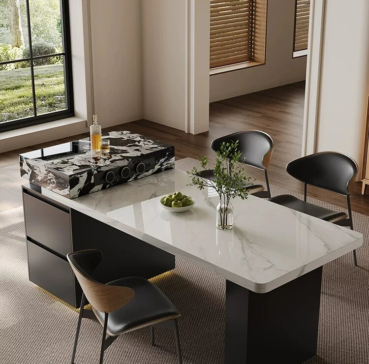 New island dining table integrated household retractable middle guide table induction cooker Italian minimalist rock slab dining