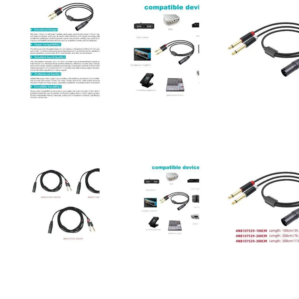 193A 2x 1/4inch to 3Pin Male Y Splitters Cable,3Pin to 2x6.35mm TS Mono Cable