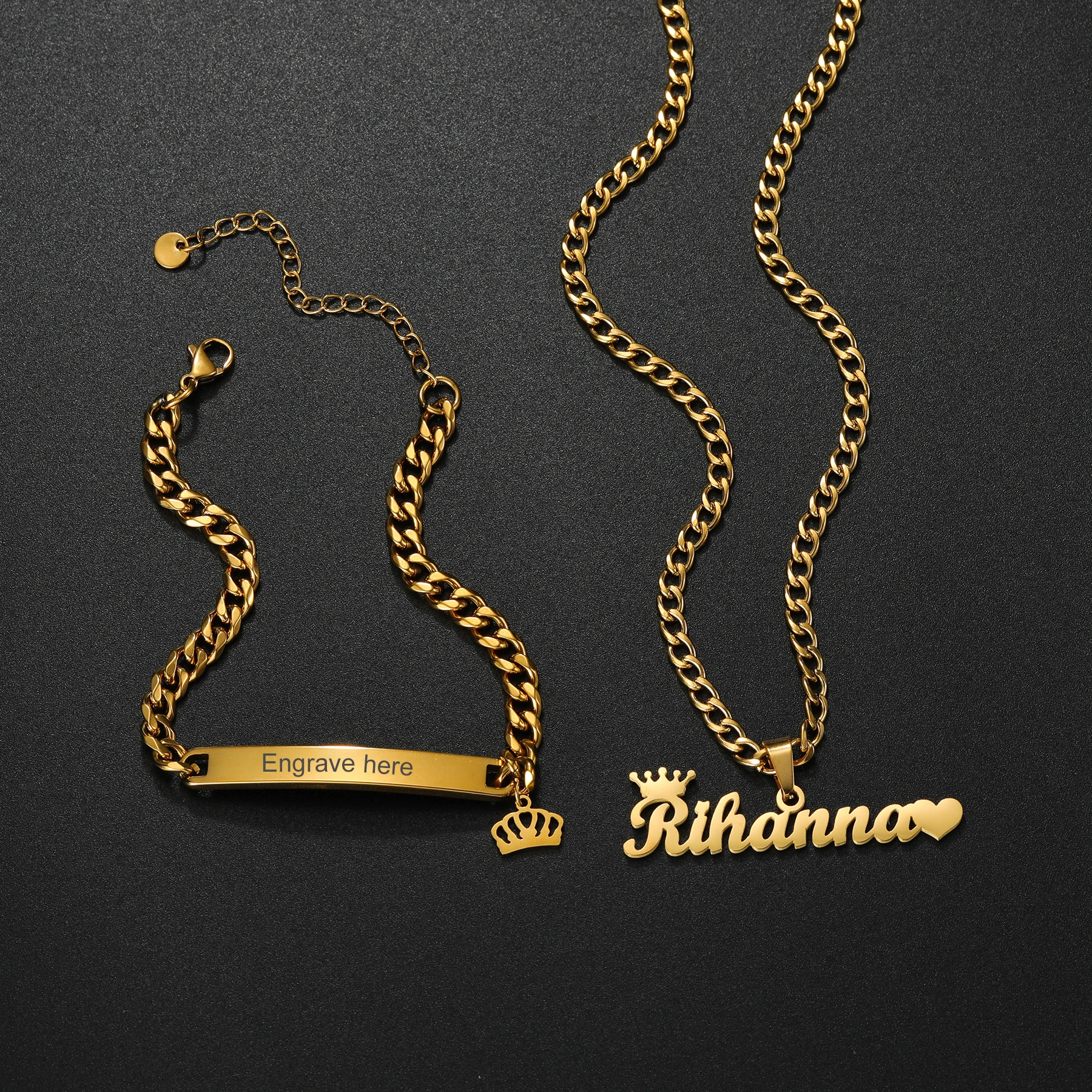 Customized Name Necklace Bracelet Jewelry Sets for Men Women Couples Stainless Steel Personalized Punk Set 4mm Cuban Chain Gift view 2