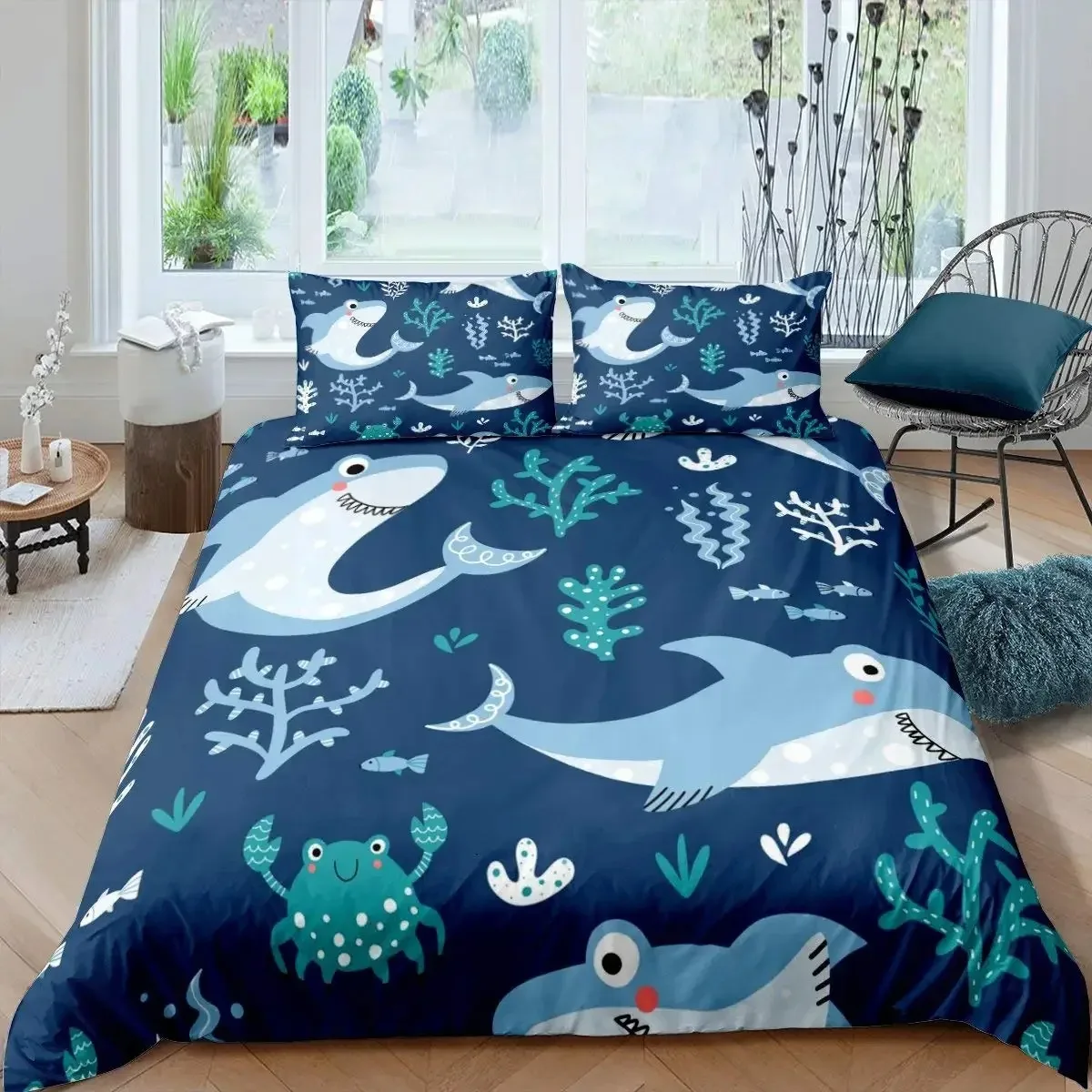 Blue And White Cartoon Shark Fish Print Kids Duvet Cover Boys Girls Luxury Room Decoration For Children Teens Gift Queen Size