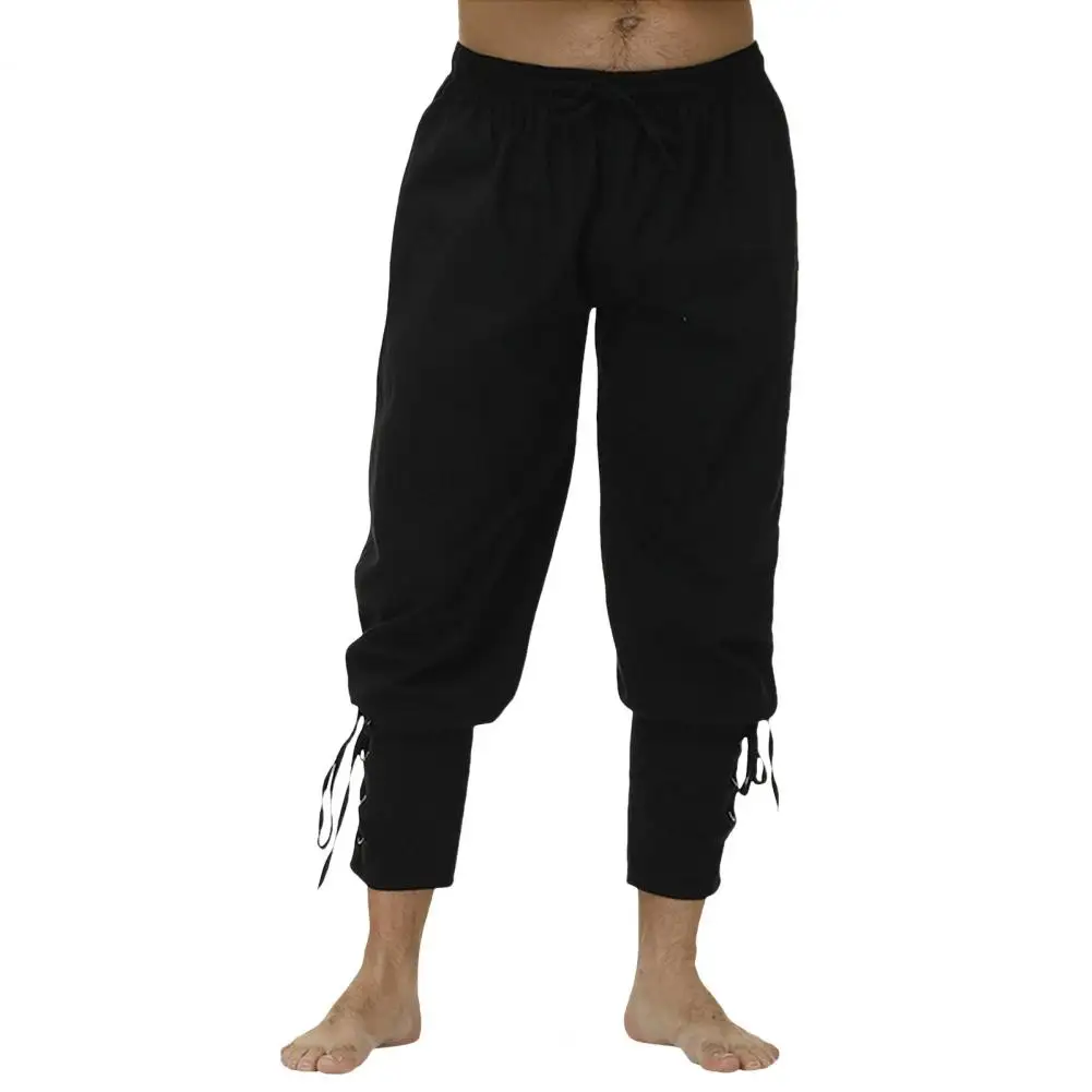 

Men Trousers Traditional Medieval Theater Costumes Men's Mid-rise Elastic Drawstring Waist Calf Tie Leggings Solid Color Cosplay