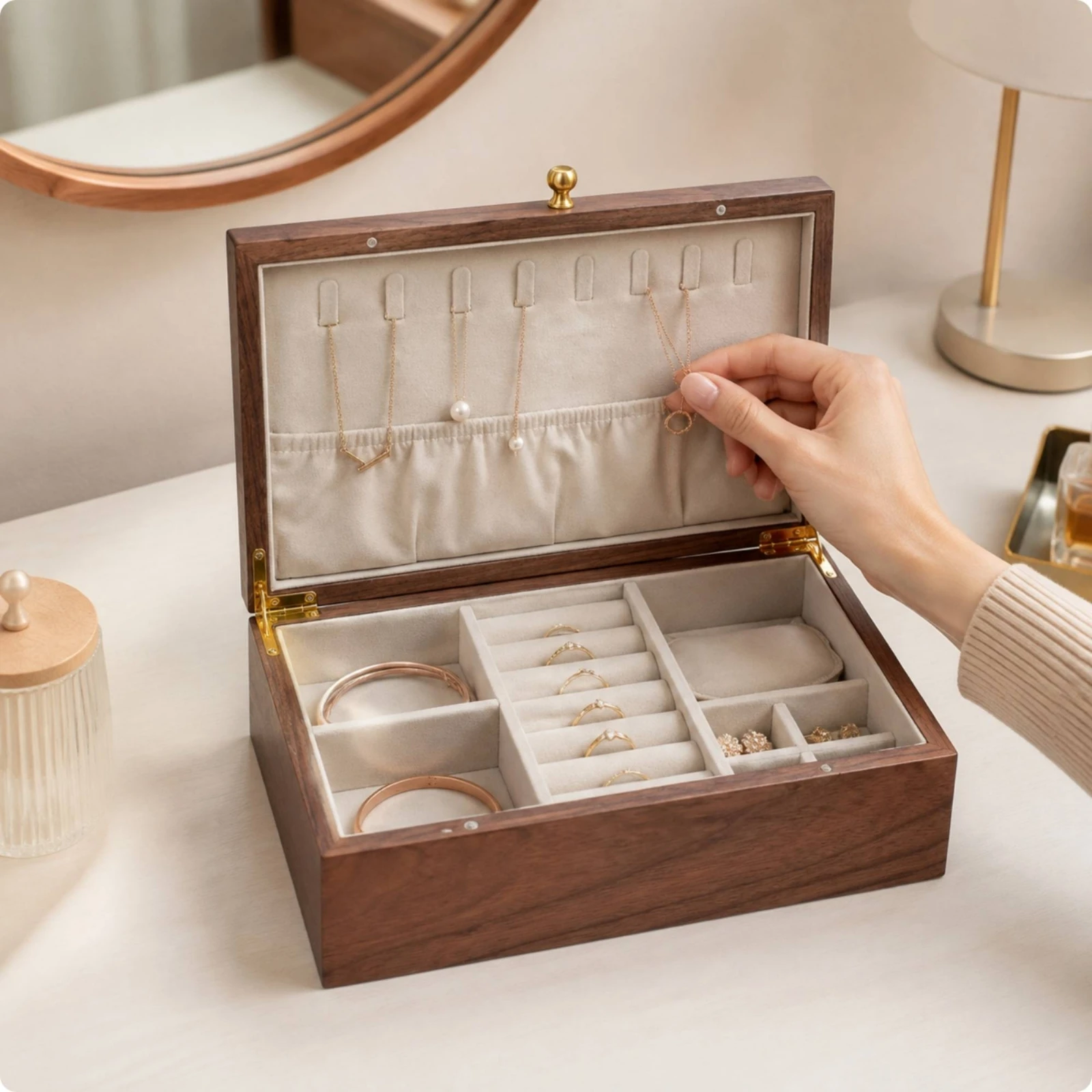 Walnut-Toned Jewelry Box with Fabric Sporty Compact Tabletop Jewelry Box with Hinged Lid Elegant Spacious for Bedroom