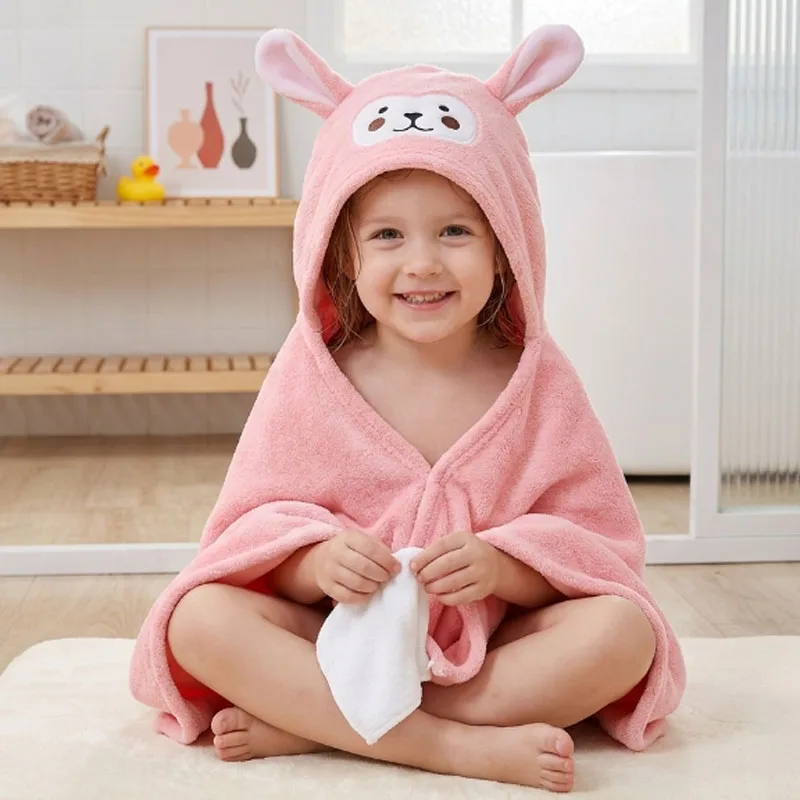 1-4PCS Baby Coral Fleece Hooded Towel Poncho Thick Absorbent Wearable Bathrobe Cartoon Embroidered for Child