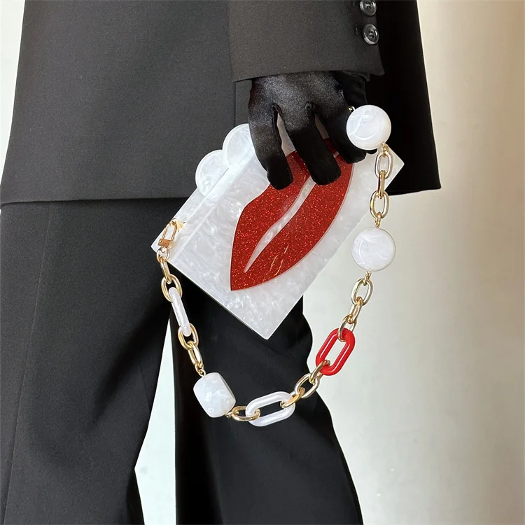 Fashion  Red Lips Women White Acrylic Box Clutch Purses Evening Party Handbags Chain Shoulder Crossbody Bag