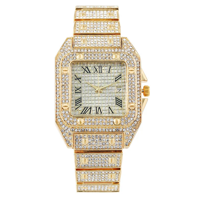 Fashionable calendar square full diamond inlaid women's watch quartz Roman pattern full sky star