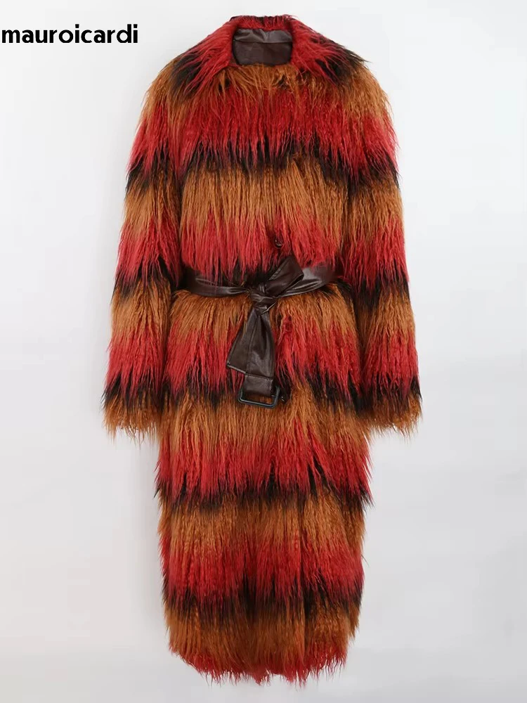 Mauroicardi Winter Long Colorful Striped Thick Warm Pu Leather Patchwork Faux Mongolian Fur Coat Women Luxury Fluffy Overcoat