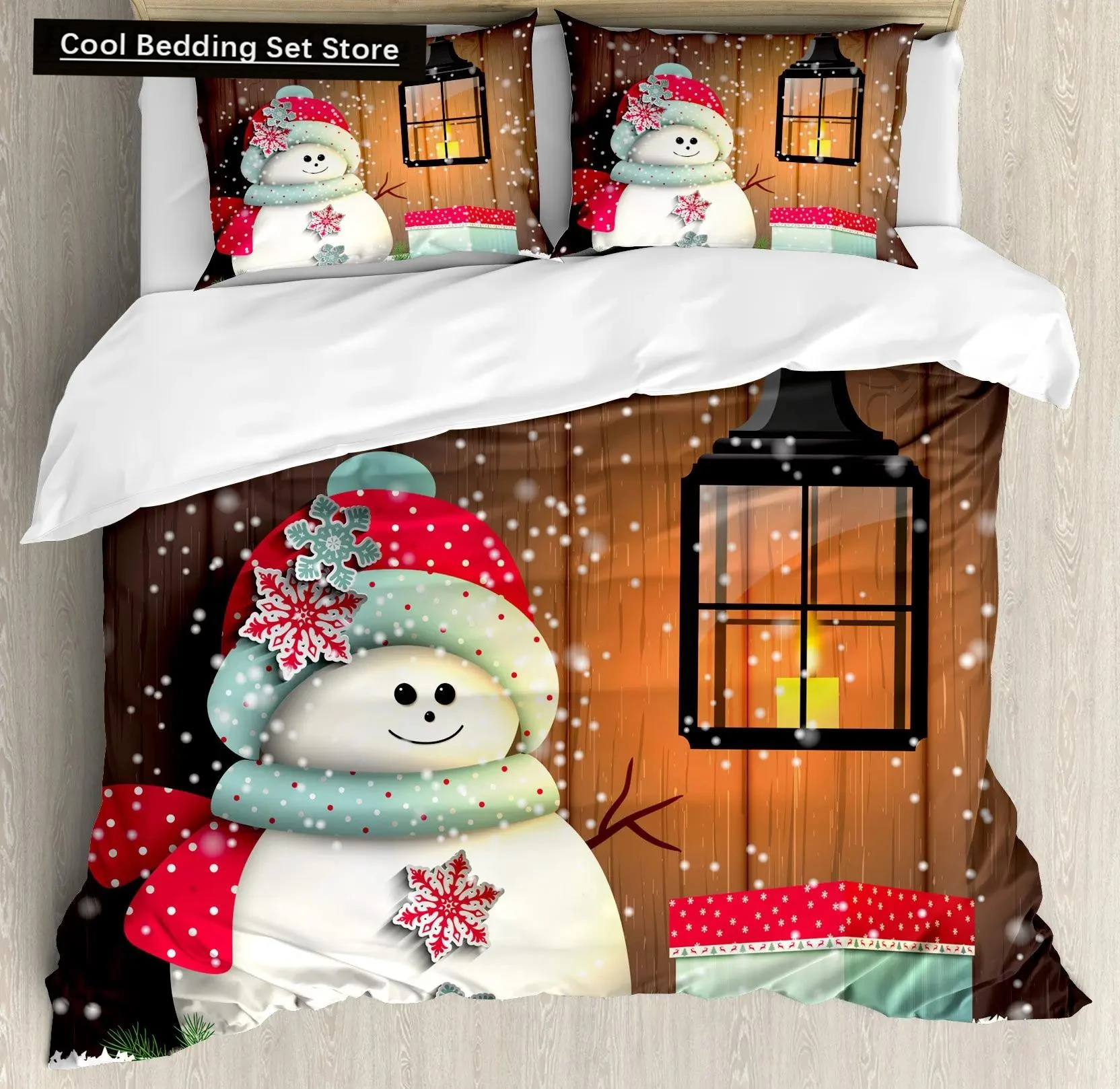 Christmas Duvet Cover Set, Snowman with Santa Hat In The Garden with A Gift Box and Candle Cartoon Image Polyester Bedding Set