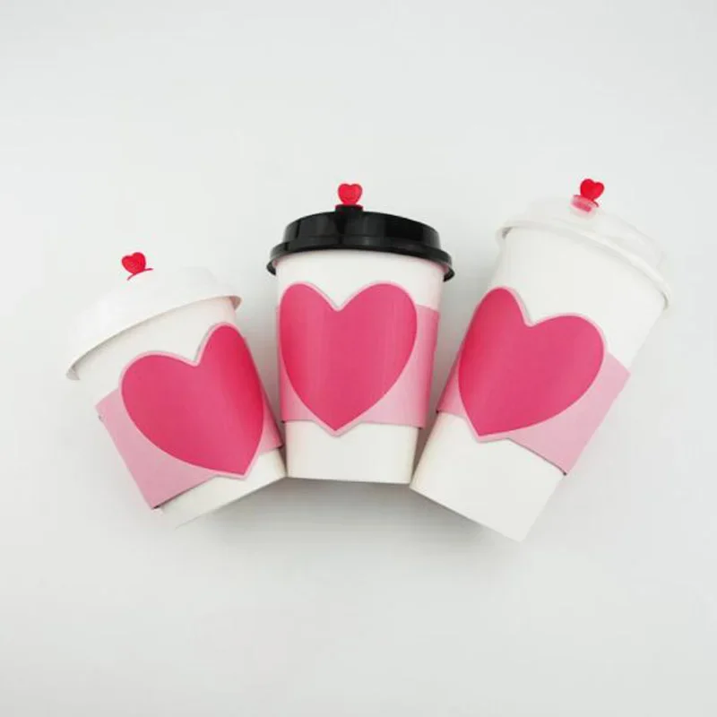 100pcs Disposable Cup Sleeve For 12/16oz Cups Pink Heart Kraft Paper Coffee Tea Juice Cup Sleeve Anti-hot