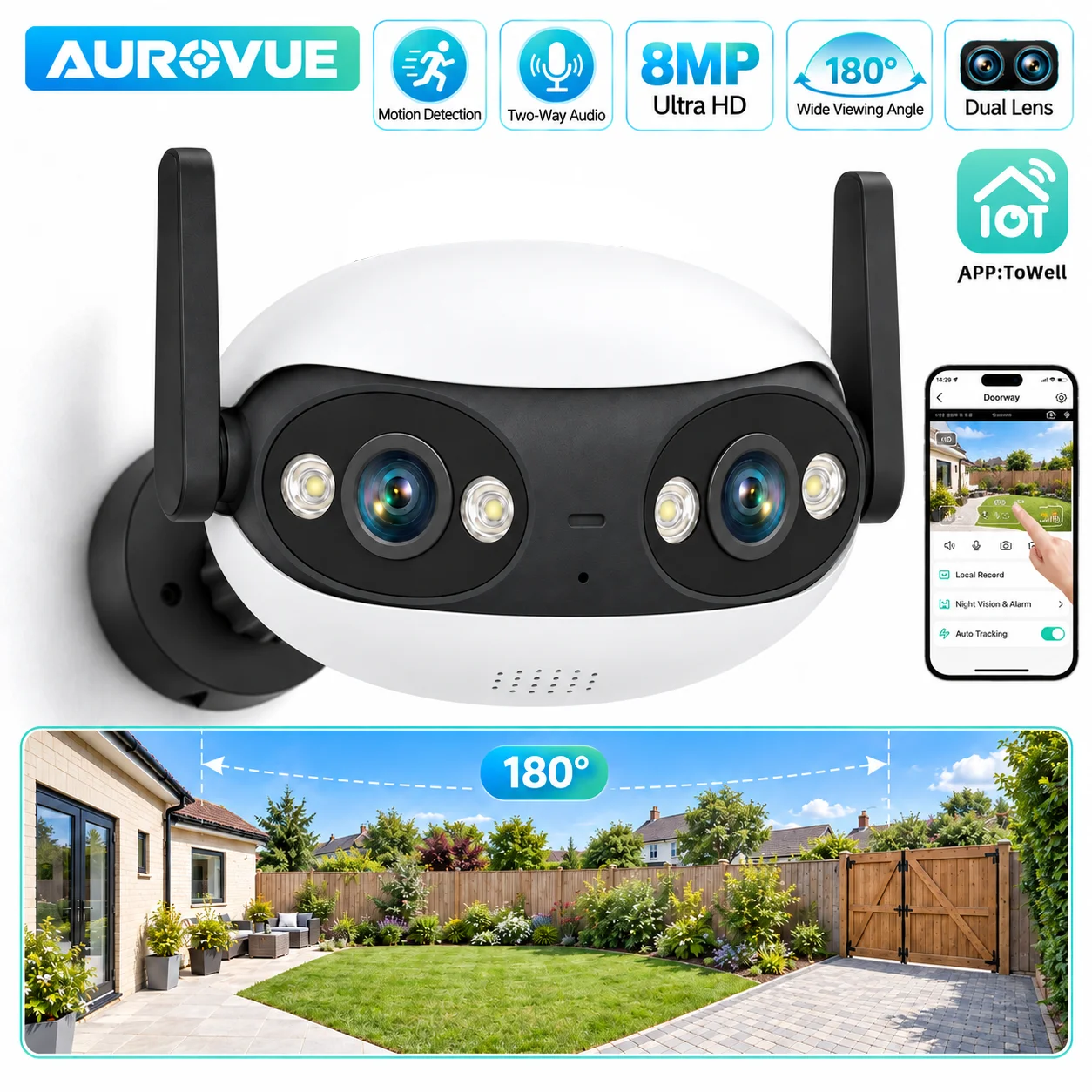 8MP Ultra HD Dual Lens WiFi Security Camera 180° Panoramic Wide Angle Dual View Outdoor CCTV Camera Color Night Vision Motion Detection Two Way Audio IP66 Weatherproof Wireless IP Camera for Home Garden Yard Garage and Entrance Surveillance