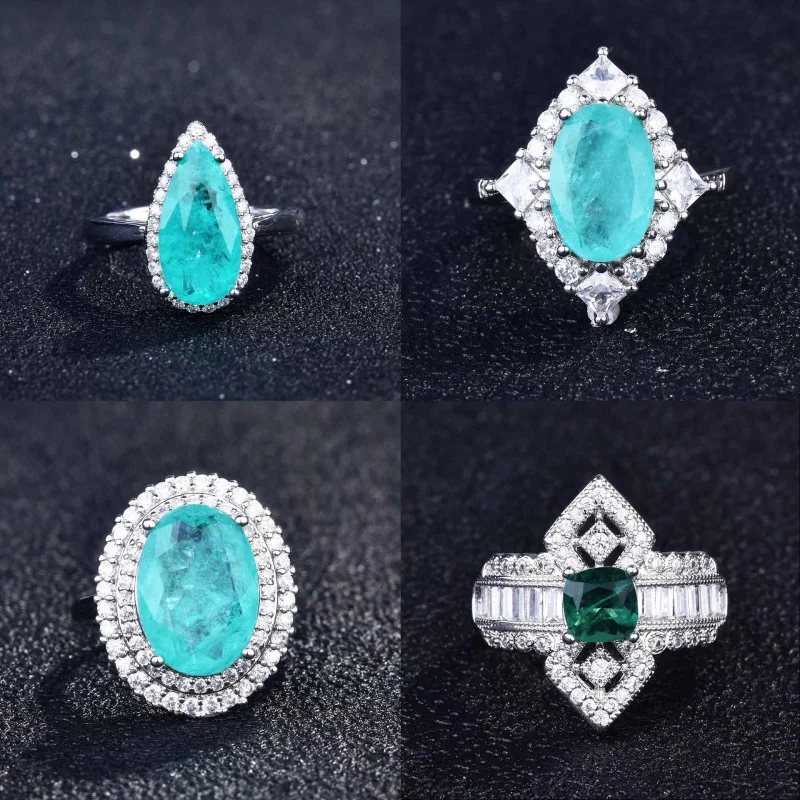 Luxurious Geometric-Shaped Paraiba Tourmaline Gemstone Ring for Ladies Micro-Set Diamond Silver Version Jewelry