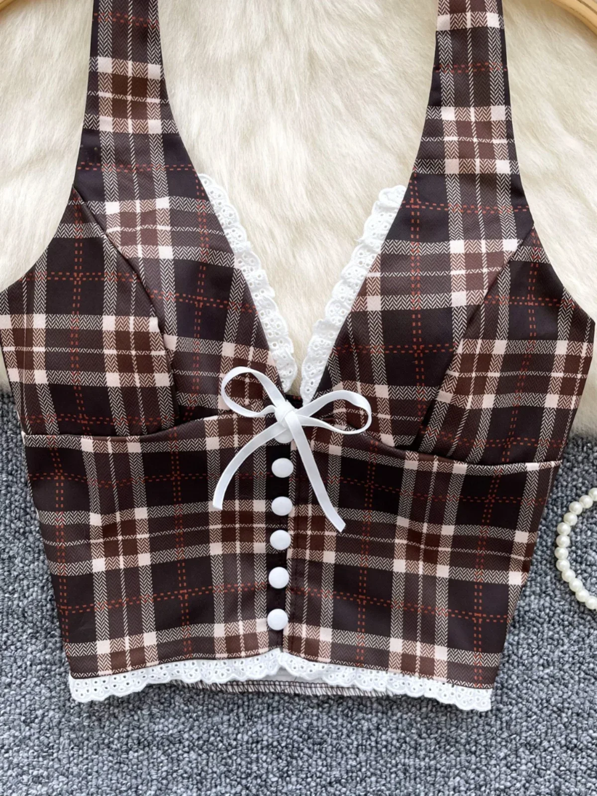 Foamlina Pure Desire Sexy Girl's Halter Plaid Vest Top Women's Summer American Deep V-neck Suspender Waist Cold Short Camis