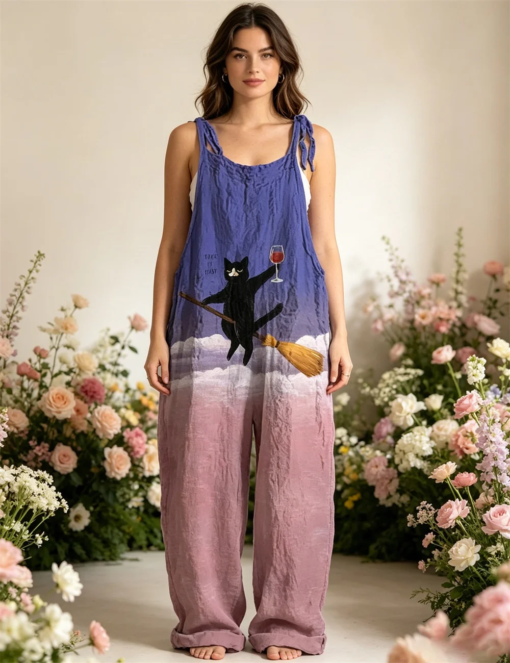 2026 Women's new purple pink gradient cat riding magic broom print comfortable jumpsuit, off shoulder sleeveless loose jumpsuit