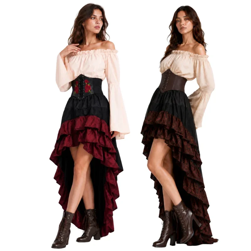 Halloween Medieval Retro Pirate Dress Captain Ruffled Waist Waist Long Dress Court Dress Three Piece Set