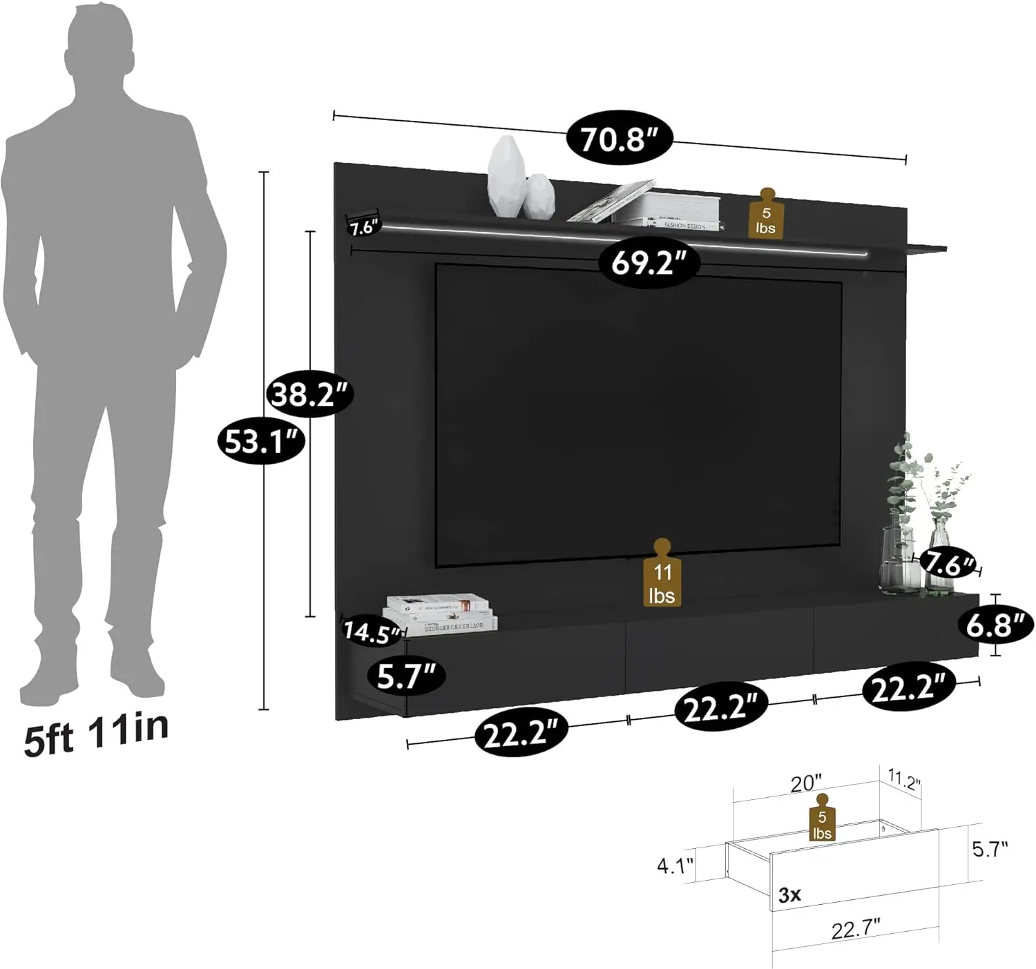 Modern Wall Mounted Entertainment Center, Floating TV Natural Wall Panel for 70 inch TVs, Tv Frames for Wall Mounted tv with LED