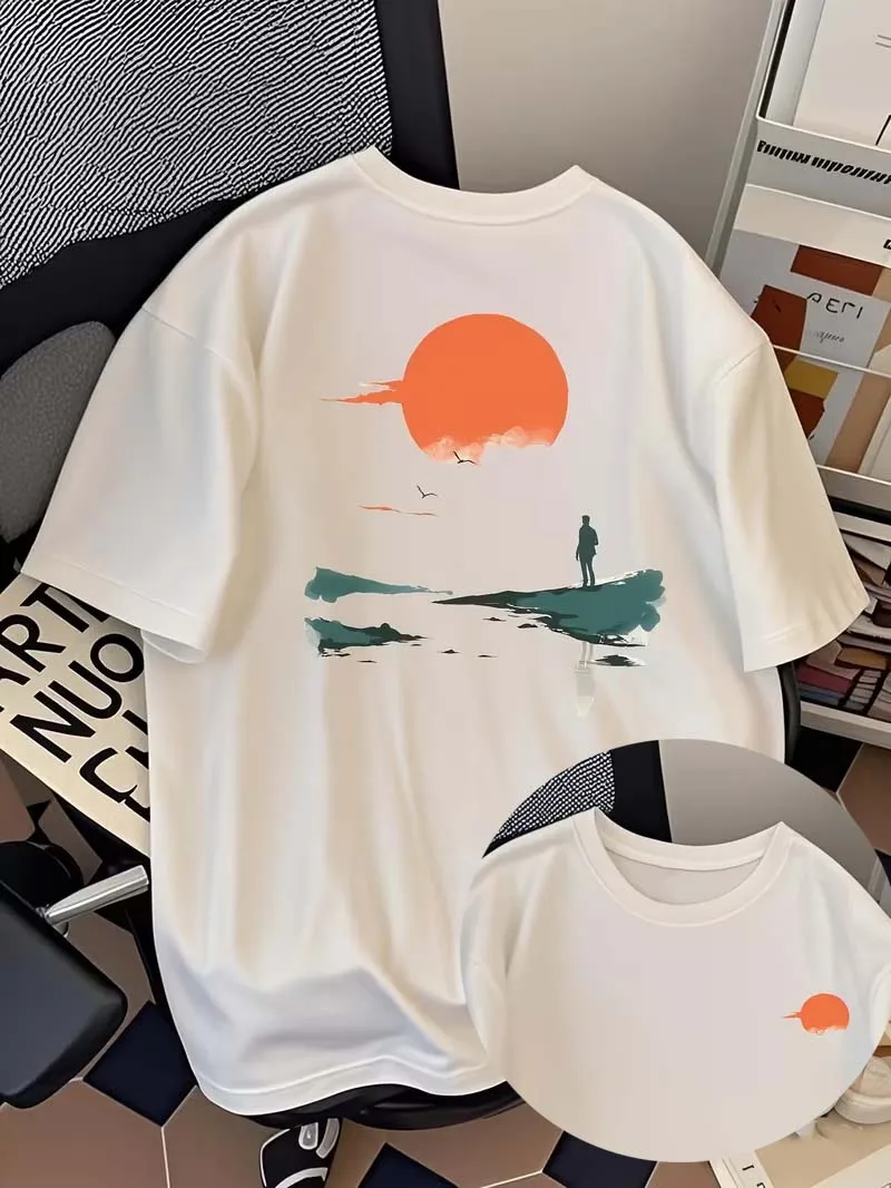 Unisex Japanese Style Sunset Print T-Shirt, Casual Crew Neck Short Sleeve, Trendy Graphic Tee for Summer Outdoor & Daily Wear