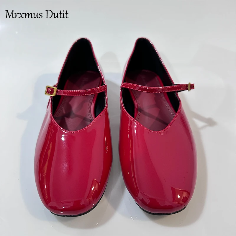 Mrxmus Dutit 2024Summer New Simplicity Fashion Red Patent Leather Mary Jane Flat Shoes Buckle Round Toe Flat Bottom Ballet Shoes