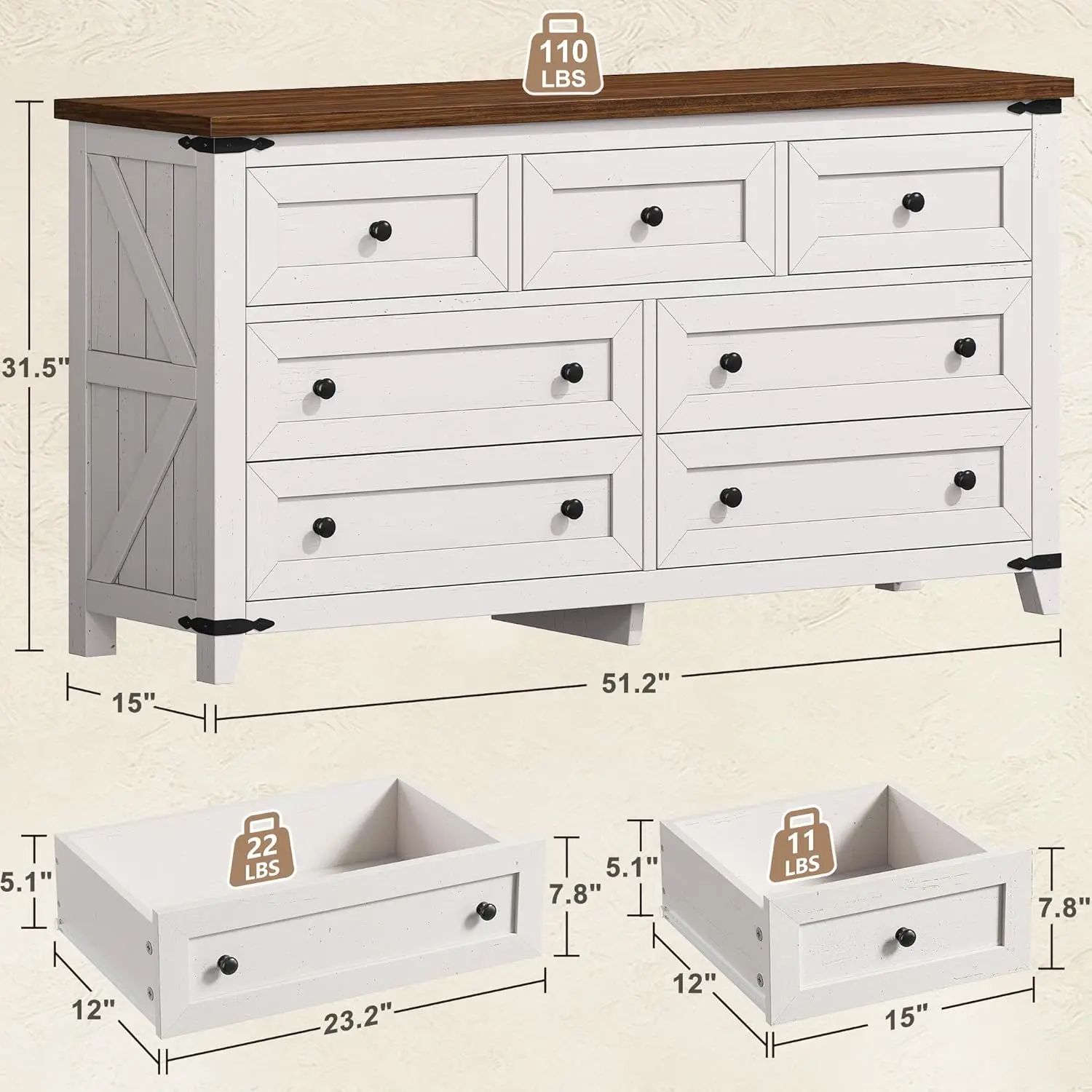 Antique White 7 Drawer Wood Dresser with Texture for Bedroom, Hallway, Closet - 51\