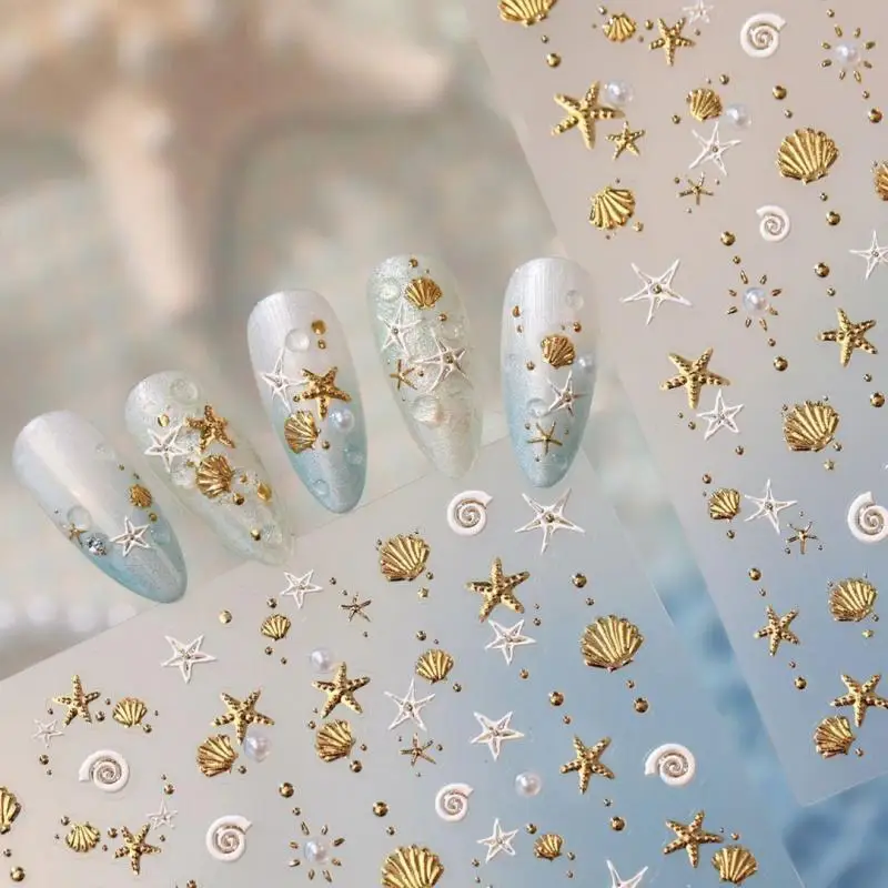 Gold Stamped Shell Conch Scallop Starfish Pearl 5D Embossed Self Adhesive Nail Art Stickers Delicate Ocean Style Manicure Decals