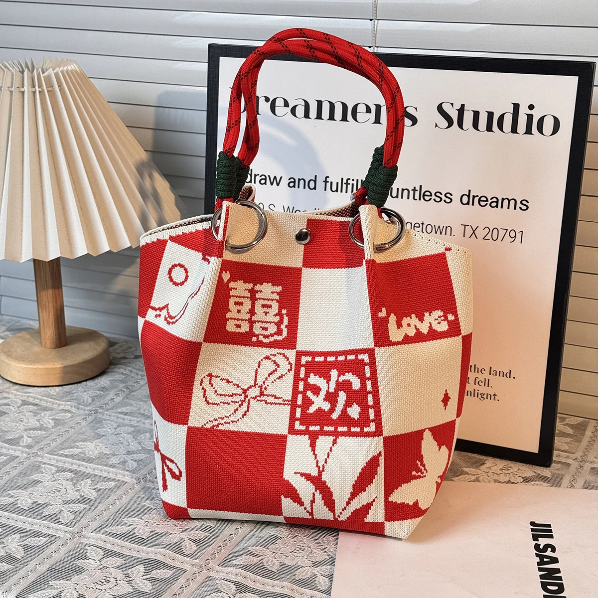 Chinese-Style Blessing Messages, Knitted Handbag, High-Quality Eco-Friendly Wedding Gift Bag, Multifunctional Large-Capacity Tote Bag, Suitable for Gifting to Family, Friends, Classmates, Holiday Shopping, Fashionable Handbag, Daily Casual Outing, Carrying Essentials, Women's Bag