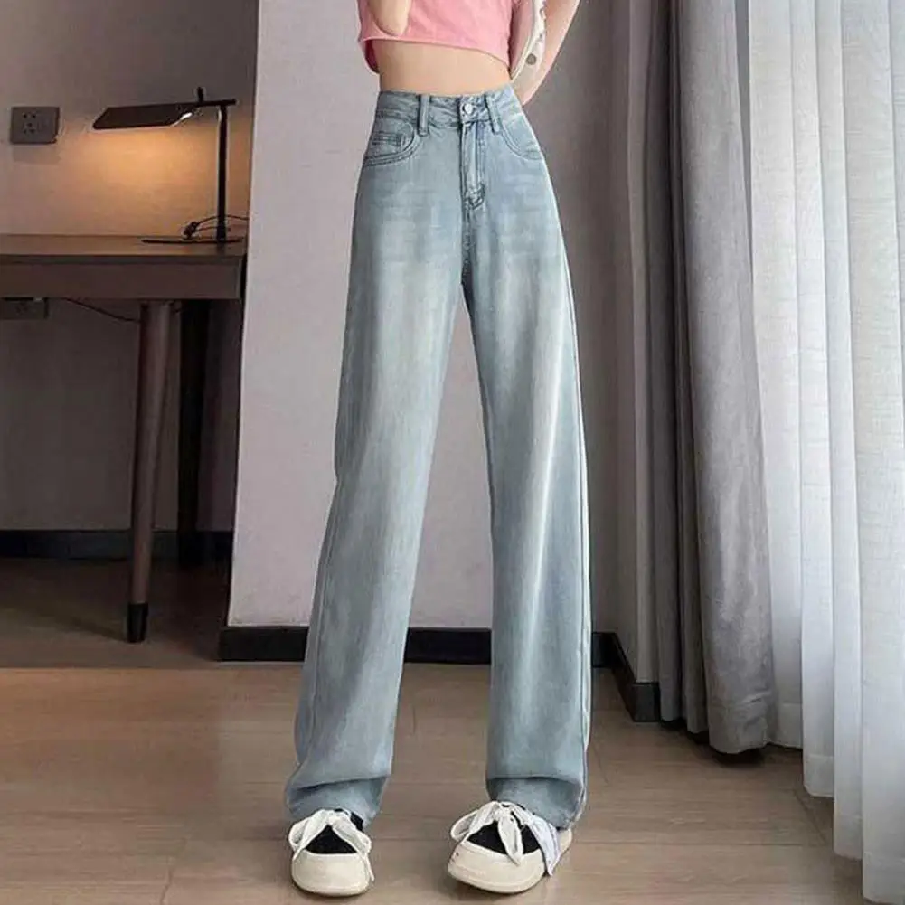 

Zipper Button Design Jeans Striped Wide Leg High Waist Jeans with Multi Pockets for Women Stylish Streetwear Pants for Ladies