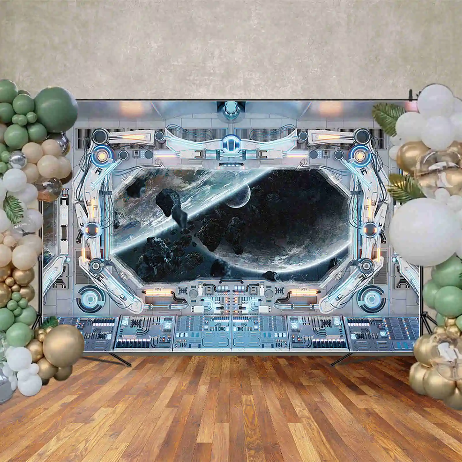 MOON.QG Boys Spaceship Birthday Party Backdrop Children Universe Outer Space Craft Photo Studio Background Sign Shooting Props