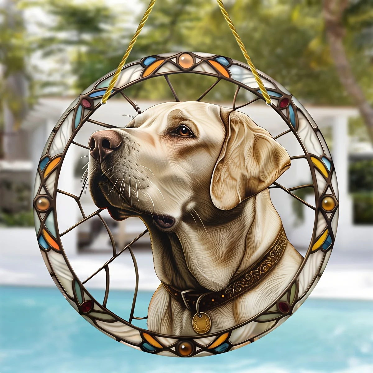 Labrador Retriever Stained Glass Window Hanging Suncatcher,Round Acrylic Sign,Wreath Accent,Home,Patio Garden Bedroom Decor